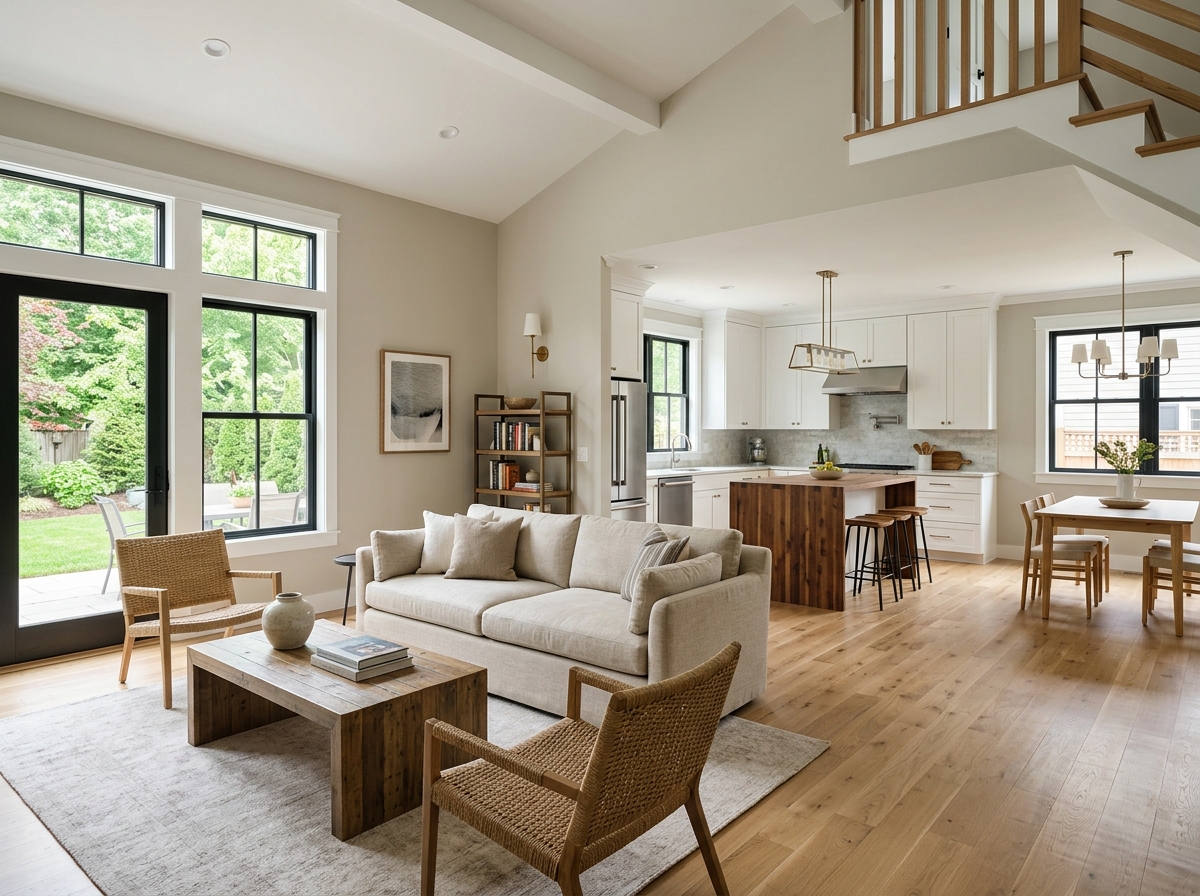 Bright, freshly renovated open-concept living room by Victoria Home Repair